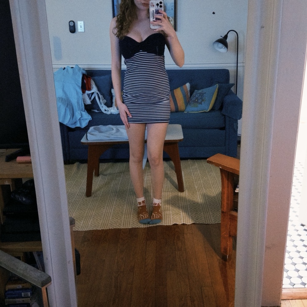 2000s striped strapless mini dress